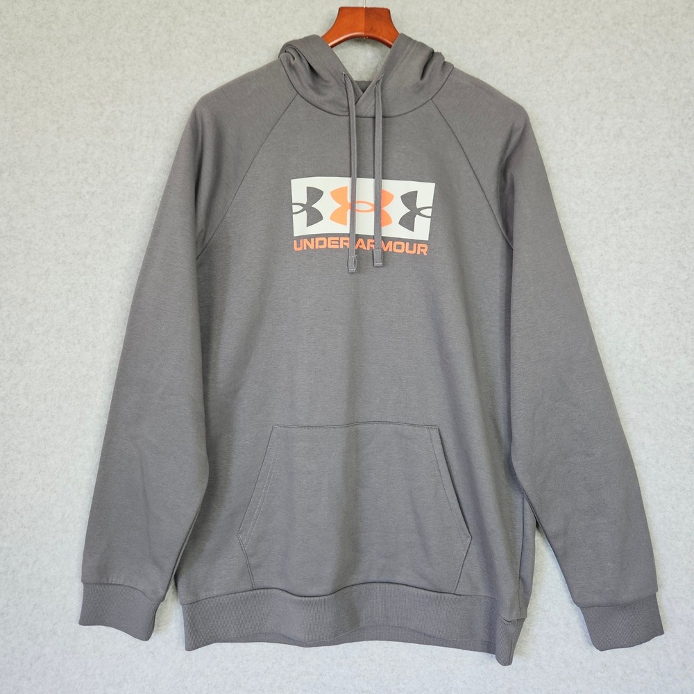 Under Armour Mens Rival Fleece Nov Logo Hoodie Grey Orange LT 6005505-025 New